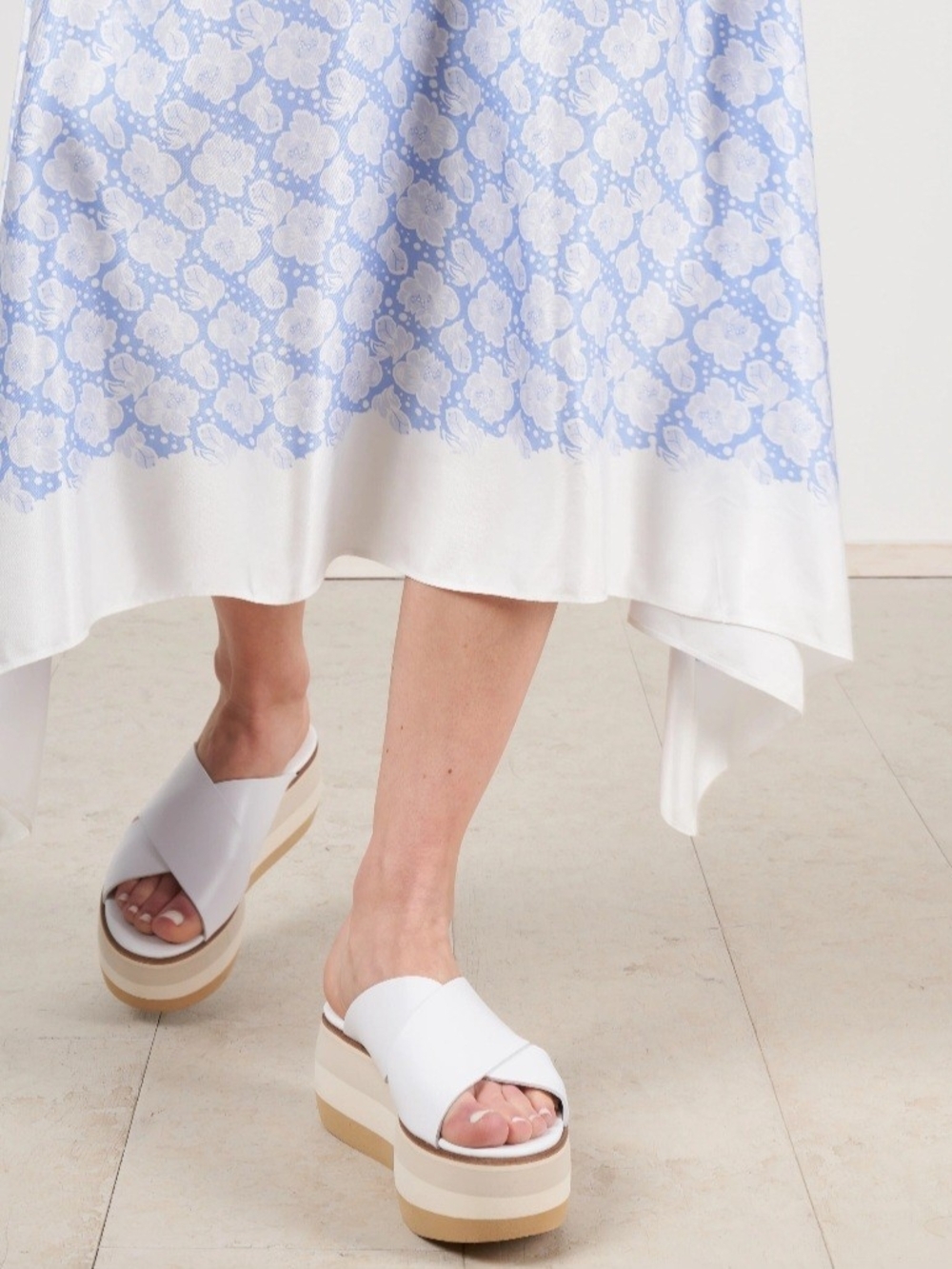 Paloma Barceló Blue Floral Asymmetrical Midi Skirt with White Hem